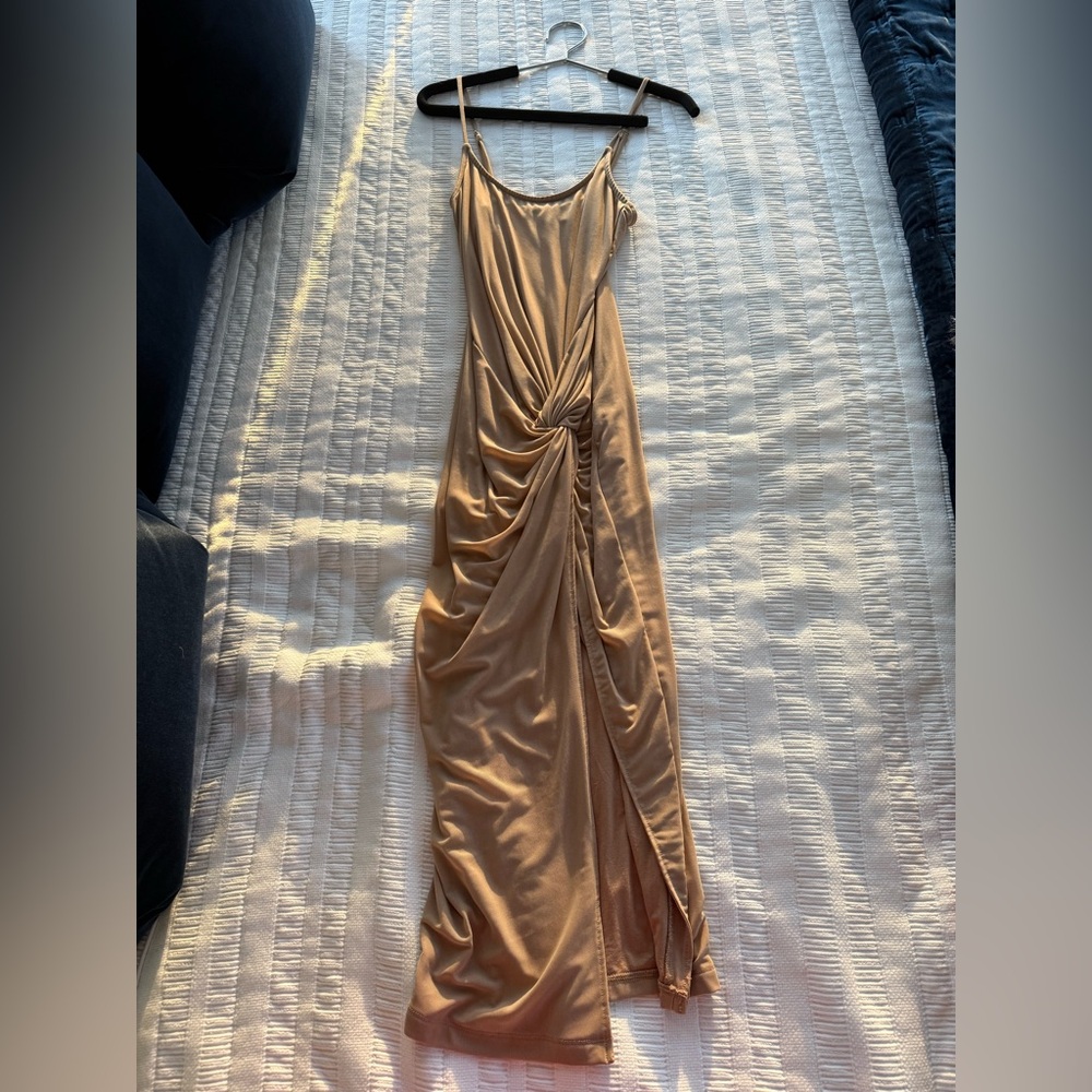 Elegant Tan Ruched Dress